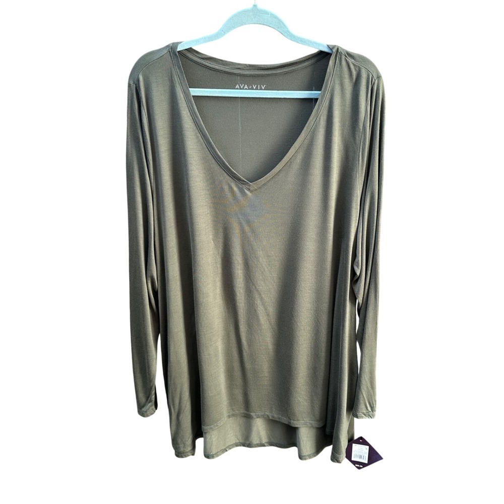 Ava & Viv Womens 2X Olive Green V-Neck Long Sleeve Modal Top NWT